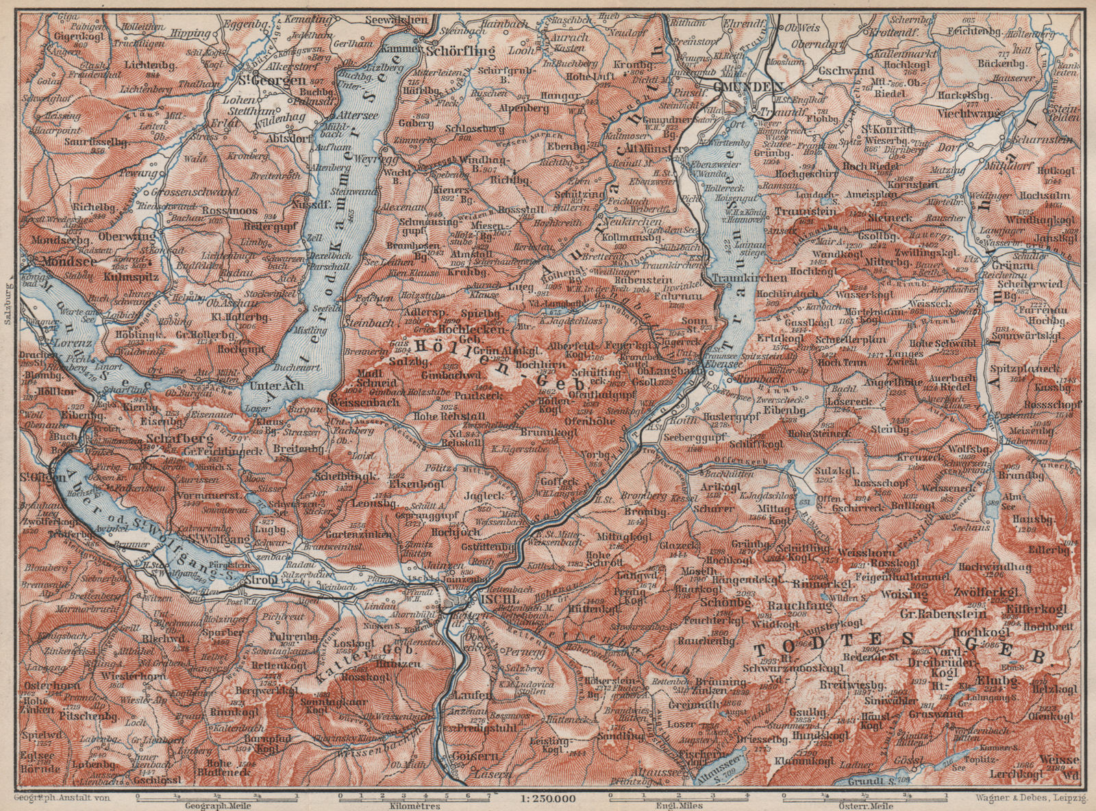 NORTH SALZKAMMERGUT. Gmunden Ischl Hallstatt. Altmunster Ebensee karte 1899 map